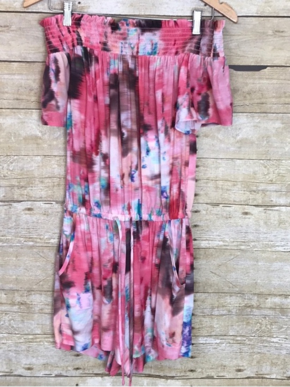 Fifteen Twenty smocked off shoulder watercolor shorts romper